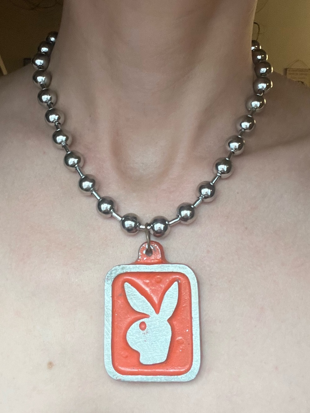 PLAYBOY VTG Playboy Bunny Chunky Rectangular Charm Ball Chain Necklace Vintage